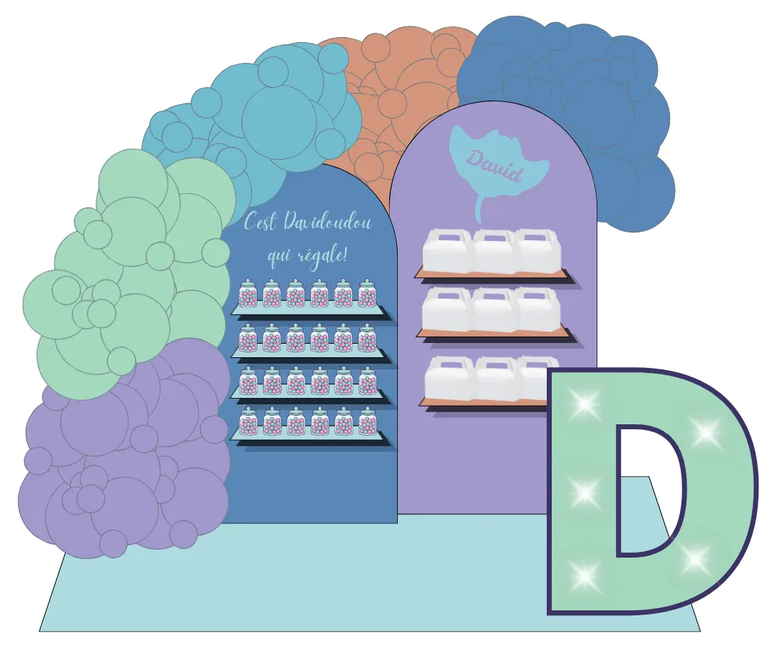 Digitaal ontwerp van een ballonboog met twee displaypanelen vol bedankjes, in mint, lila, blauw en perzik