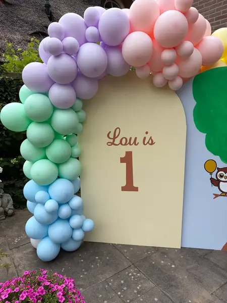 Pastelkleurige ballonboog met panelen en de tekst Lou is 1